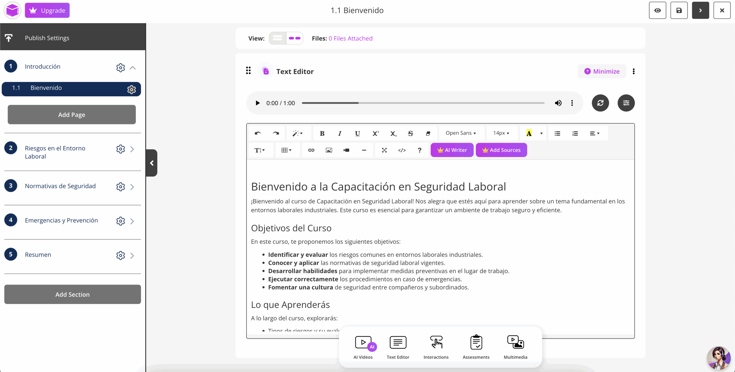 Interface du créateur de cours Coursebox avec son constructeur drag-and-drop