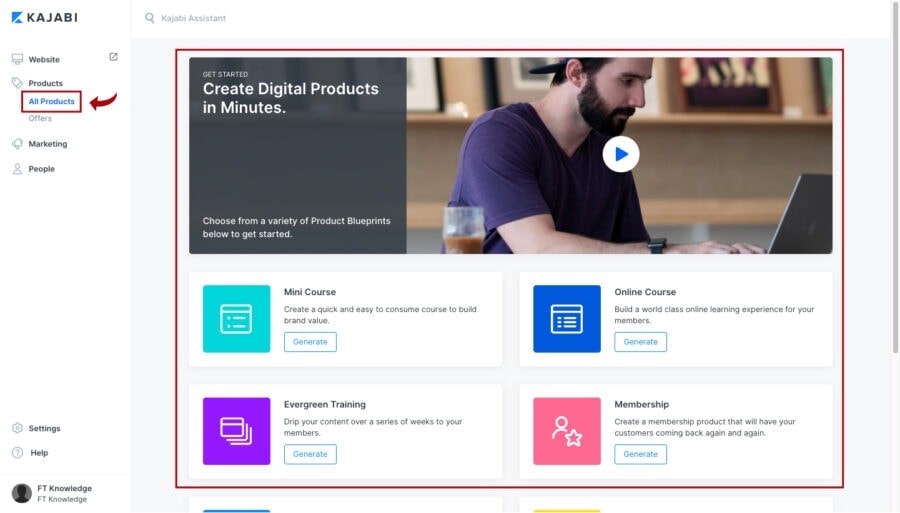 Kajabi all-in-one platform showing course builder and marketing tools